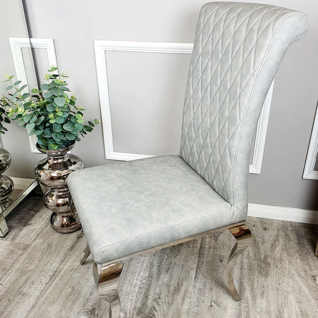 Pair of Leather Dining Chairs - Light Grey
